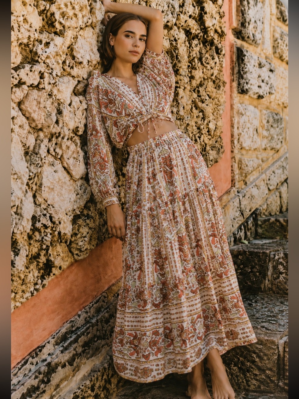 Cara Cara SET Melanie Maxi Skirt & Perrin Button Down Top in Floral Cream Orange